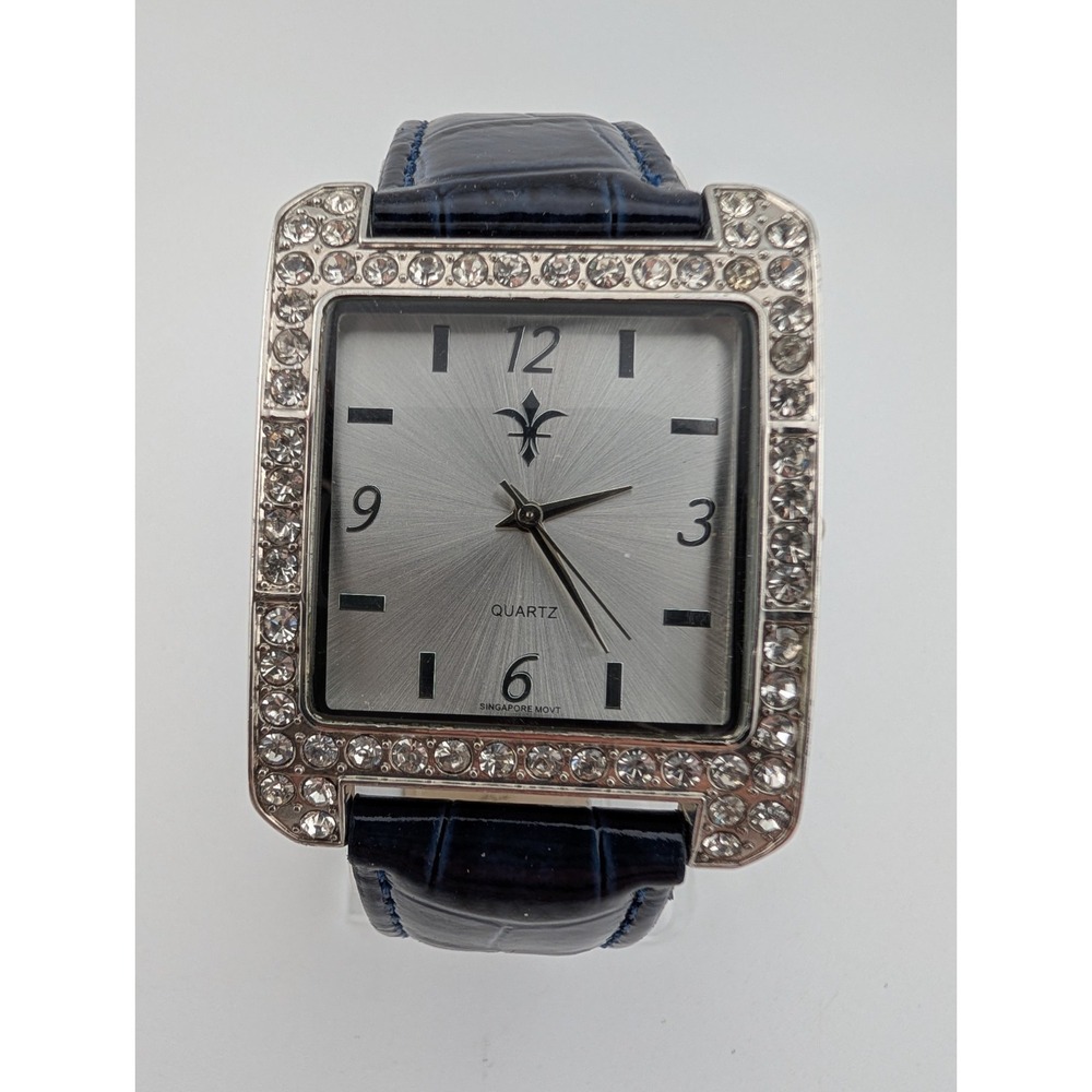 Cato Watch Women 35mm Silver Case Rhinestones Blue Leather Band- New Battery